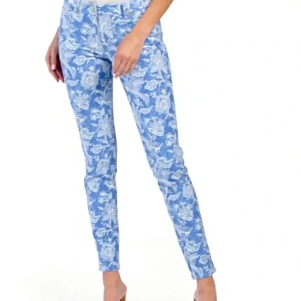 J McLaughlin Lexi Jeans 10 Buena Vista Floral Peacock Blue White Stretch Resort